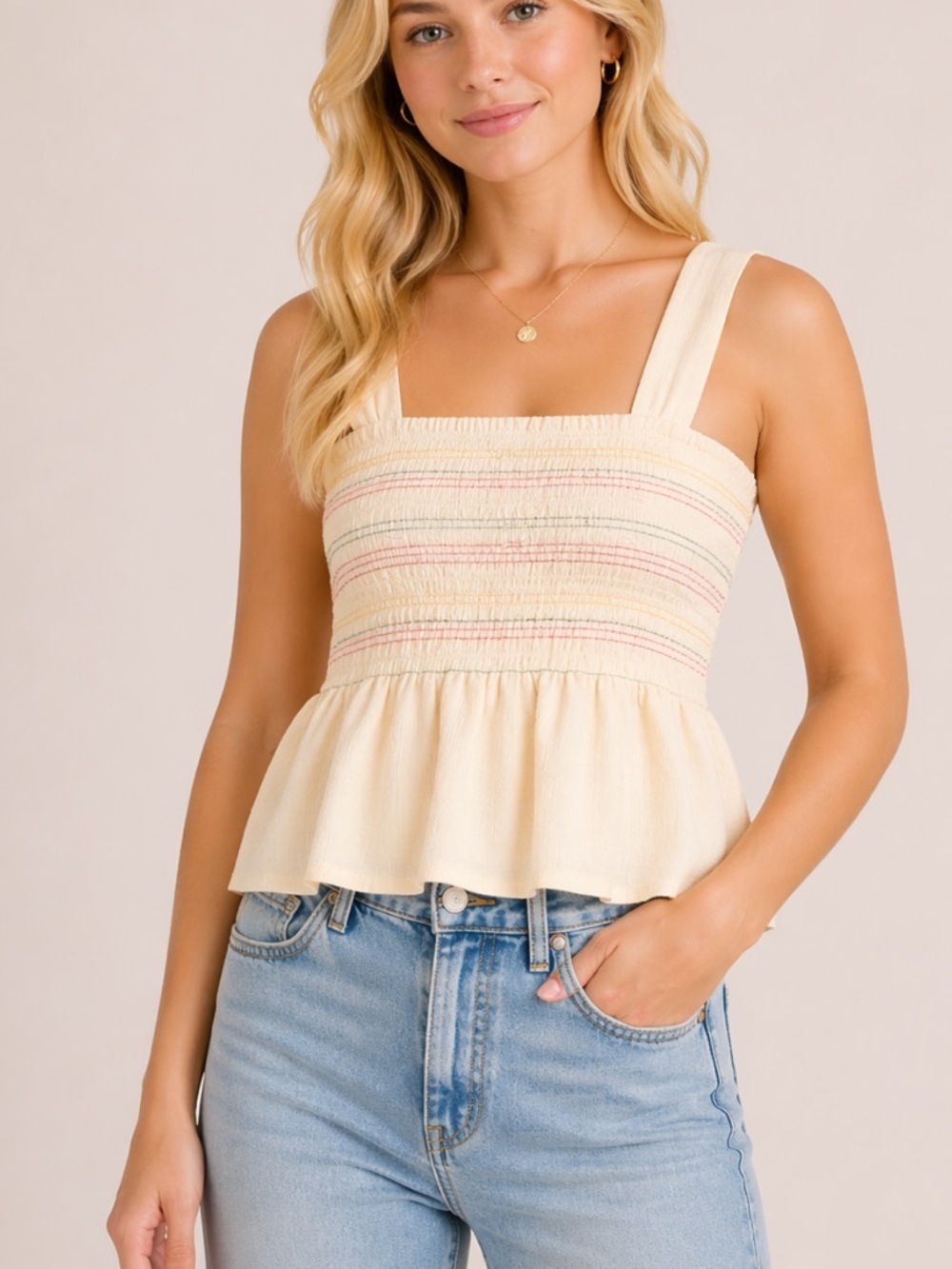 Madewell Texture & Thread Rainbow Smocked Peplum Tank Top Medium 54366